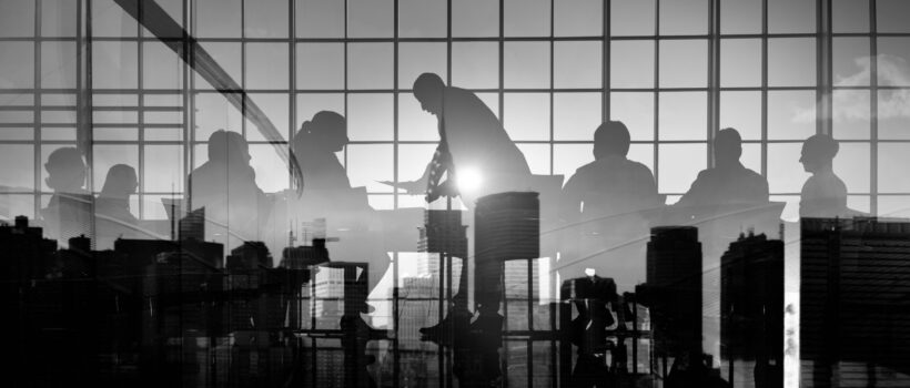 Silhouette Business People Discussion Meeting Cityscape Team Concept